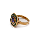 Exquisite 1.15ct Tanzanite ring in 18k yellow gold, surrounded by diamonds and green tsavorites, UK size M